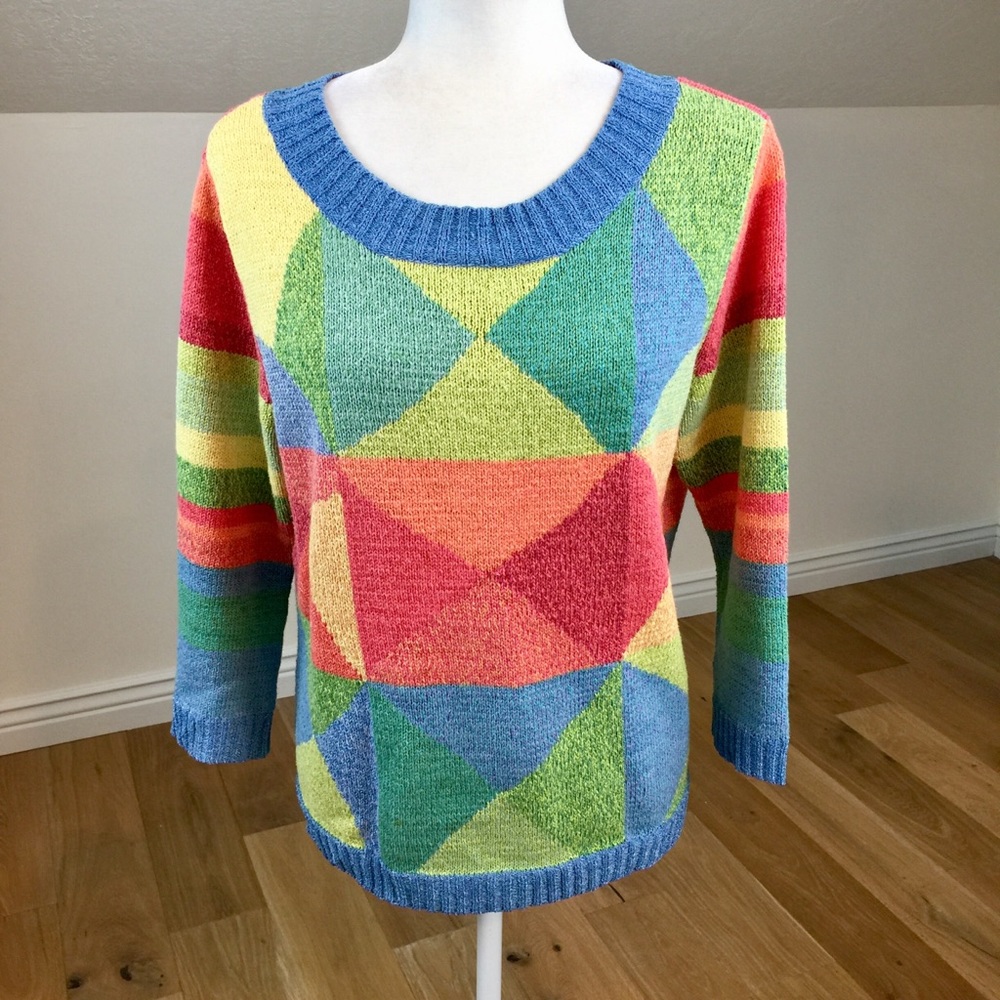 Vintage 90’s Scoop Neck Knit ColorBlock Sweater - Picture 1 of 6